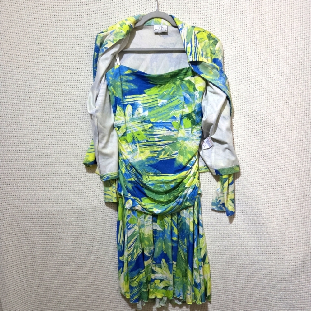 Joseph Ribkoff Vibrant Green and Blue Flare Dress with Cropped Jacket